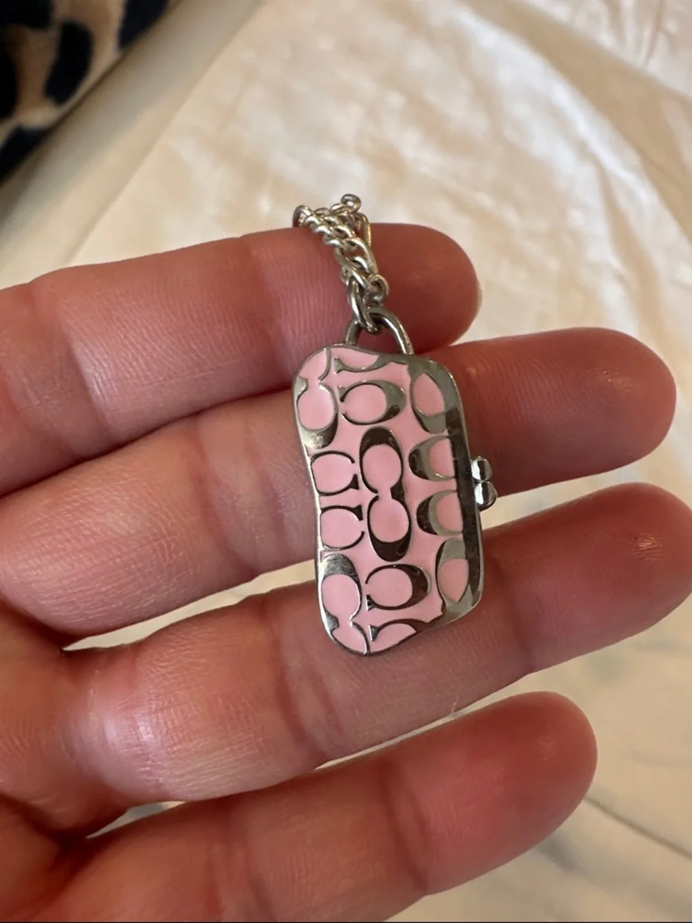 Coach Silver-Tone Chain Necklace with Pink Signature Pendant - Picture 2 of 6